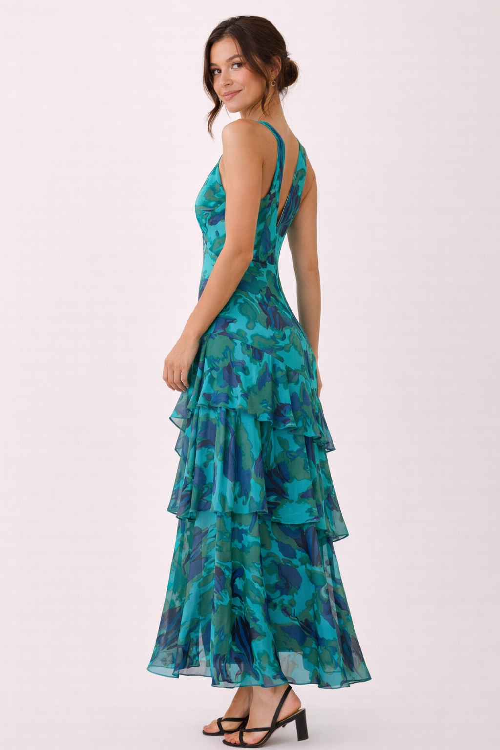 Robe longue en mousseline de soie à col en V pour femme - Domenica