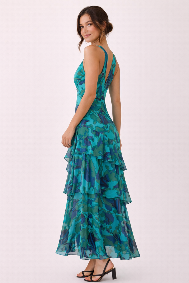 Robe longue en mousseline de soie à col en V pour femme - Domenica