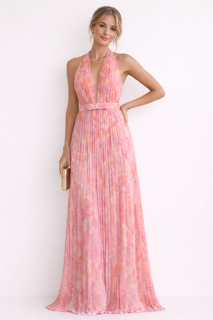 Robe maxi dos nu plissée à encolure profonde pour femmes - Kamila