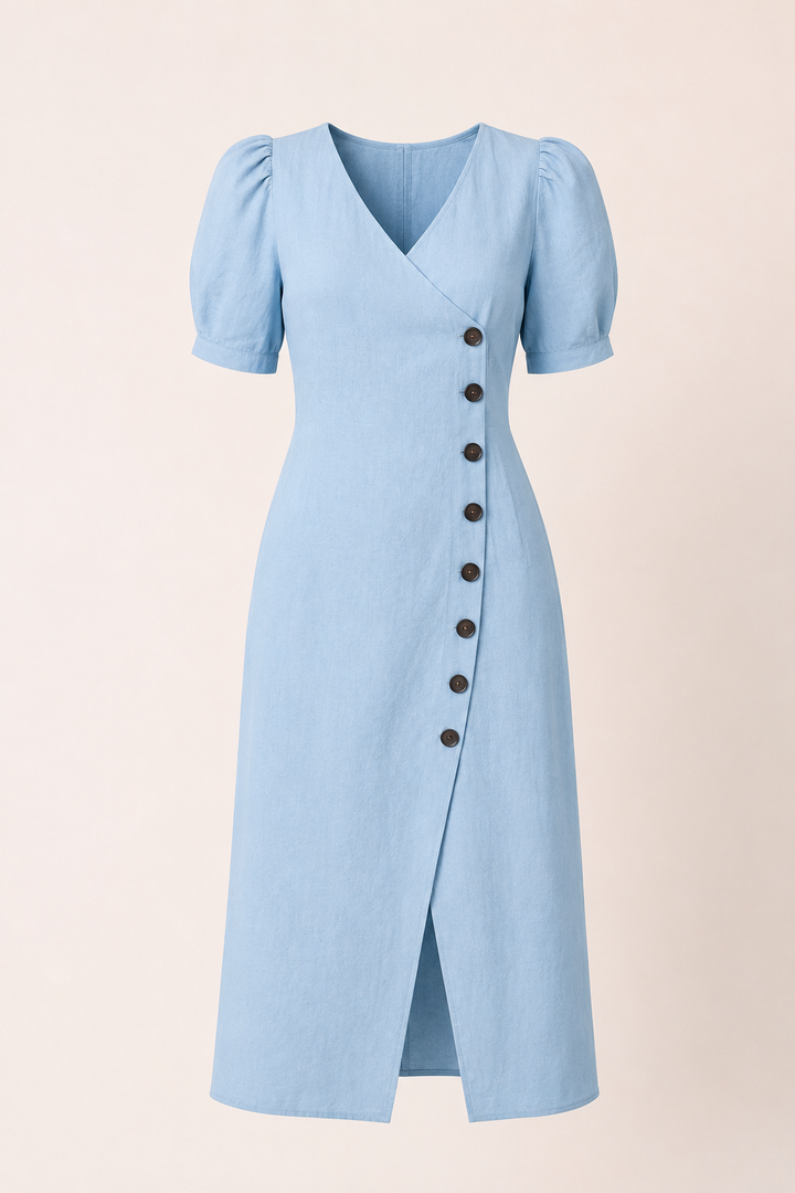 Robe midi pour femme, encolure en V et boutons - Gisela