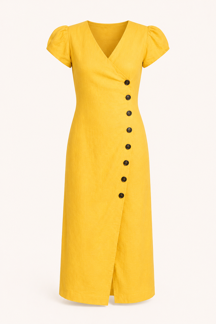 Robe midi pour femme, encolure en V et boutons - Gisela