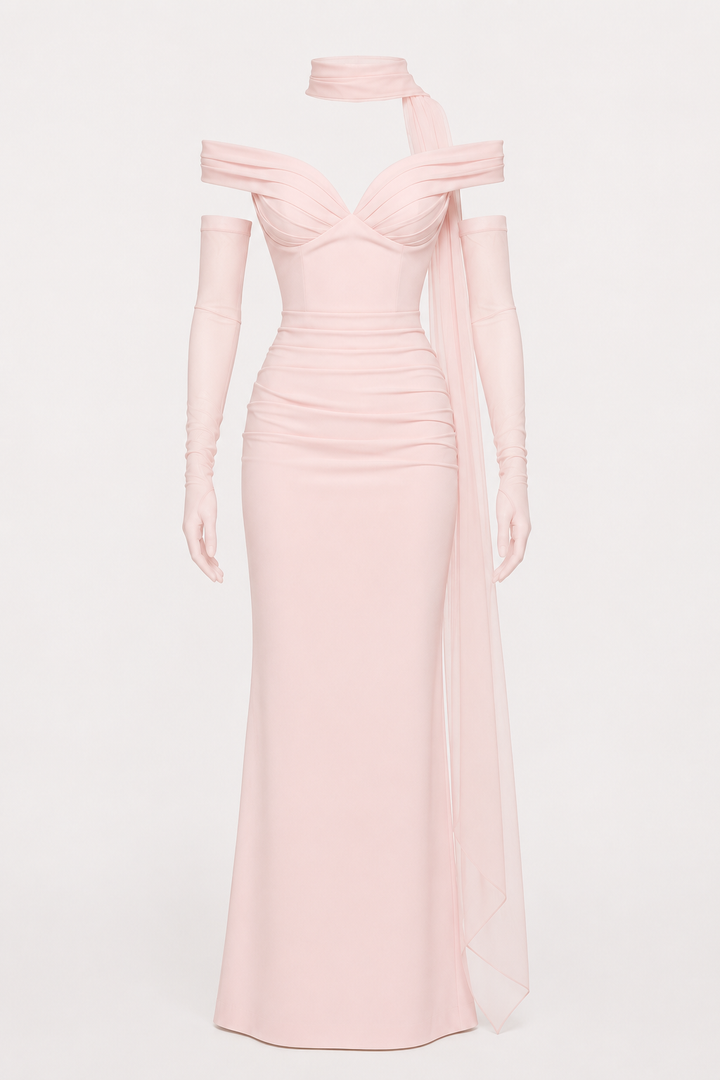 Robe de soirée longue pour femme, avec décolleté Bardot et châle - Fanny
