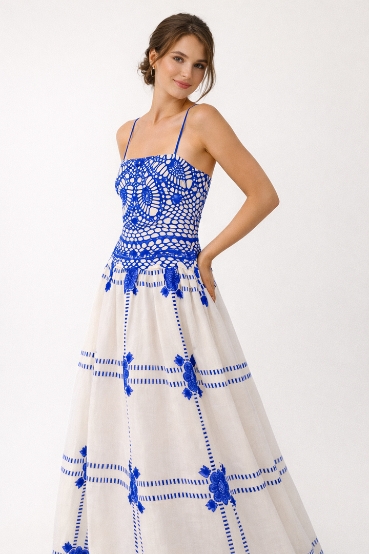 Robe midi imprimée en crochet à fines bretelles pour femmes - Alba