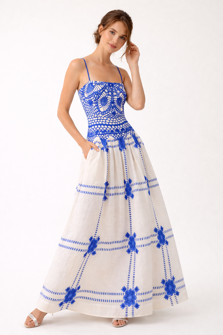 Robe midi imprimée en crochet à fines bretelles pour femmes - Alba