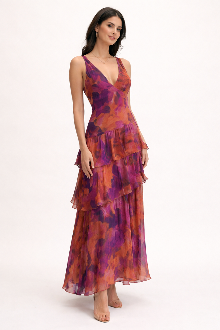 Robe de soirée midi à imprimé floral et décolleté en V pour femmes - Gisela