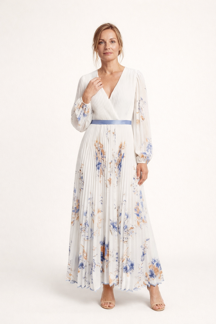 Robe longue plissée à manches longues et encolure croisée pour femmes - Alwine