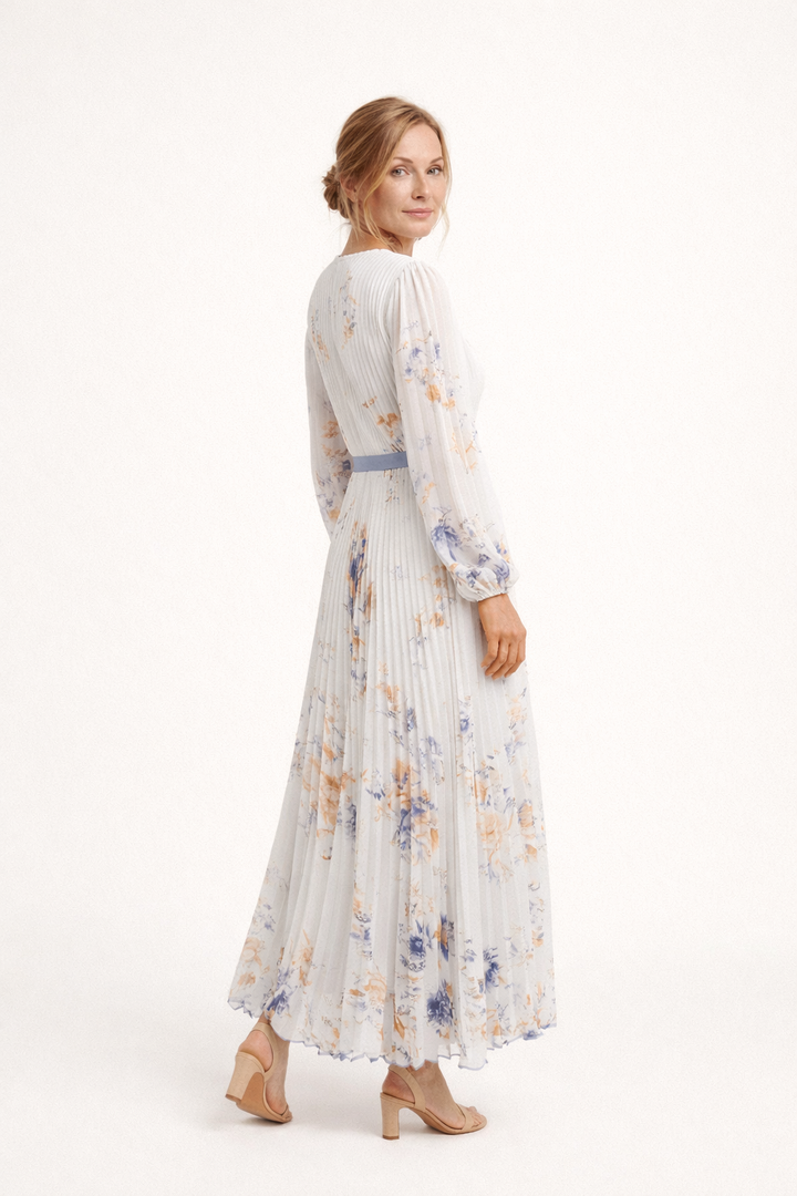 Robe longue plissée à manches longues et encolure croisée pour femmes - Alwine