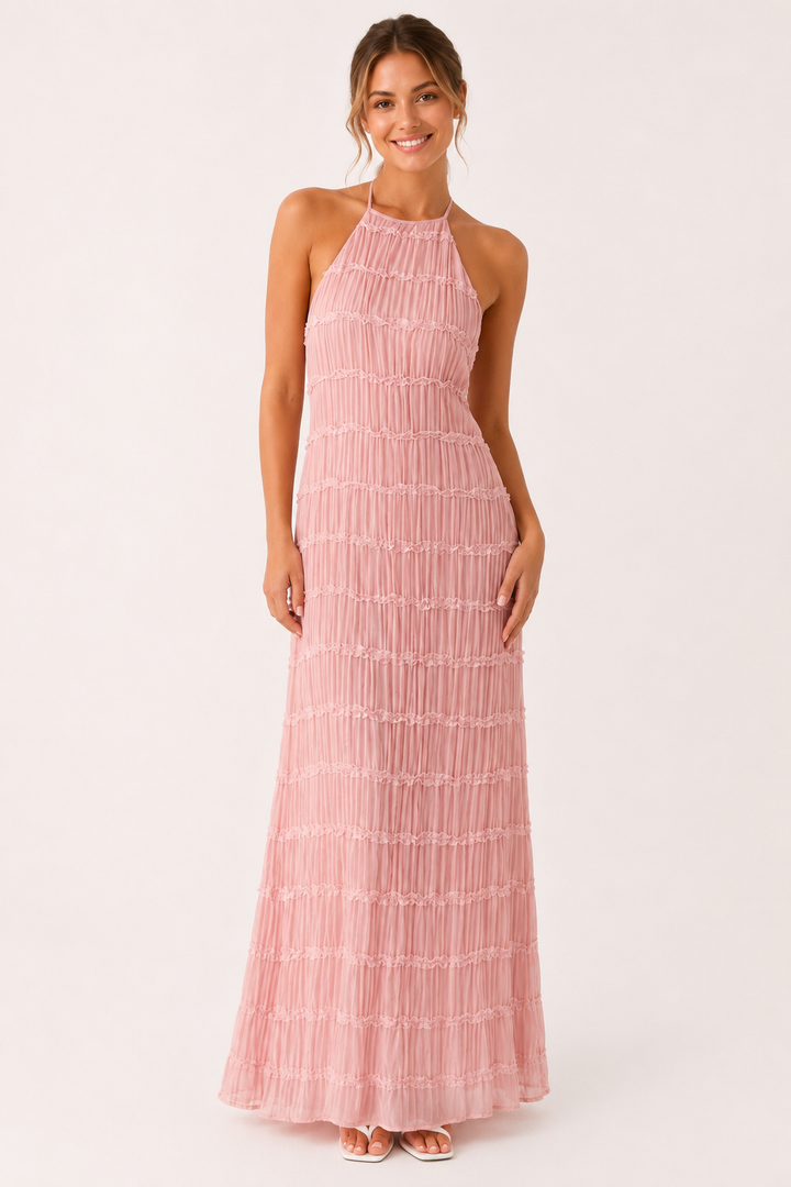 Robe longue d'été plissée avec un élégant col licou - Tilda