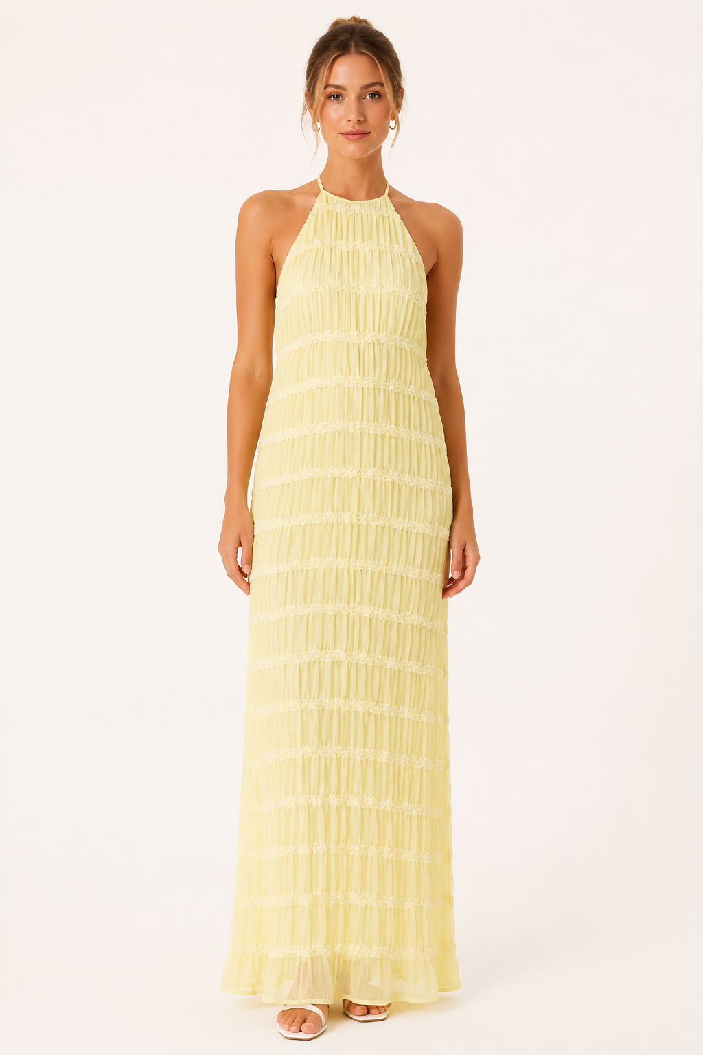 Robe longue d'été plissée avec un élégant col licou - Tilda