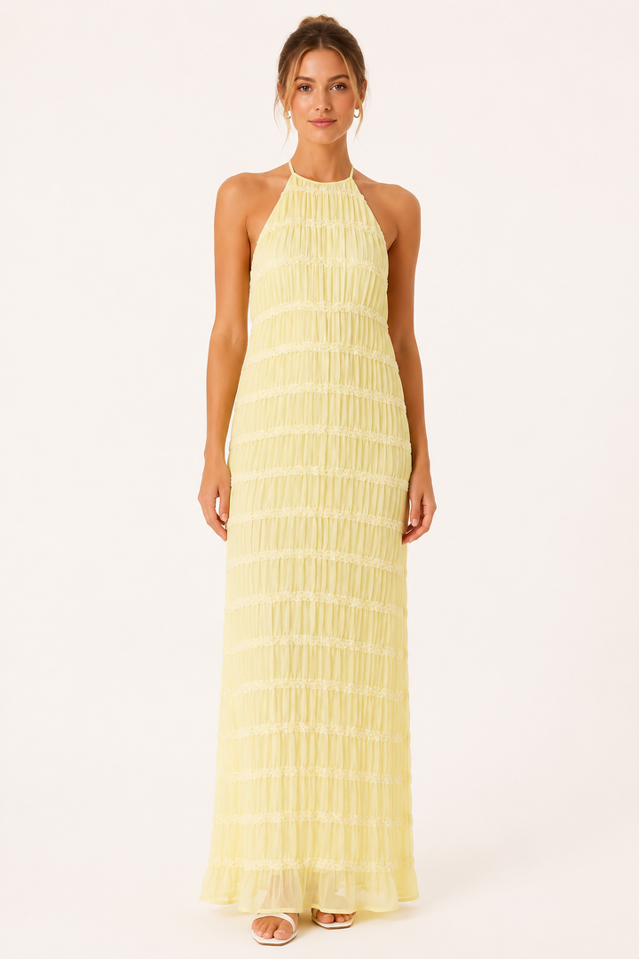 Robe longue d'été plissée avec un élégant col licou - Tilda