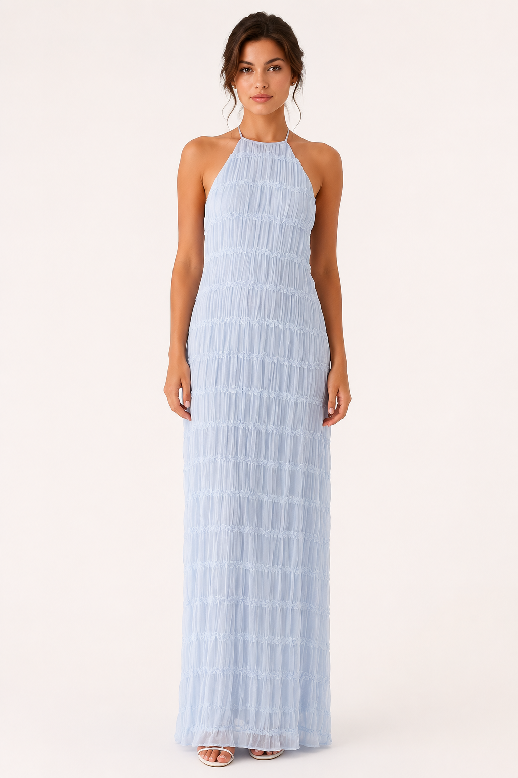 Robe longue d'été plissée avec un élégant col licou - Tilda