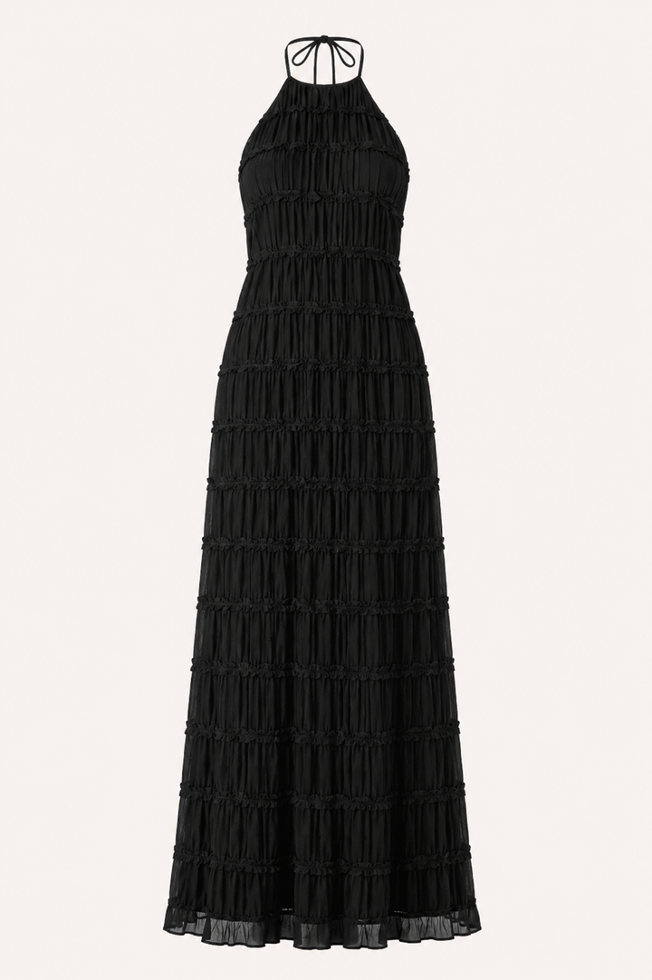 Robe longue d'été plissée avec un élégant col licou - Tilda