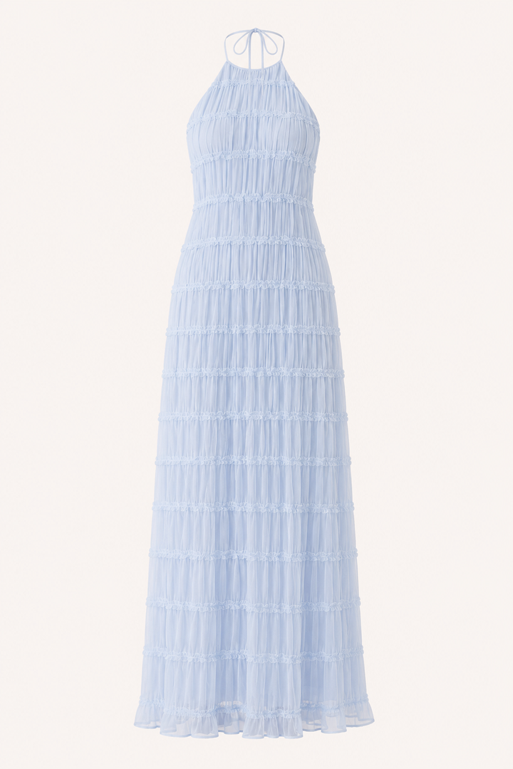 Robe longue d'été plissée avec un élégant col licou - Tilda