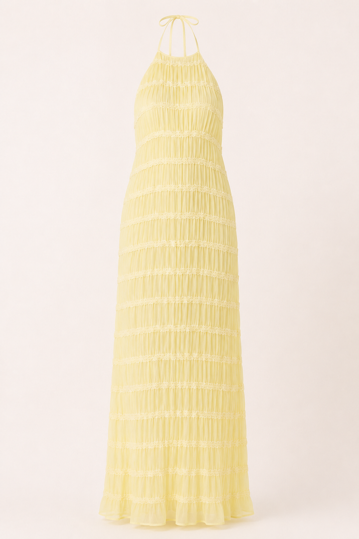 Robe longue d'été plissée avec un élégant col licou - Tilda