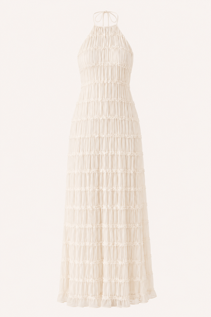 Robe longue d'été plissée avec un élégant col licou - Tilda