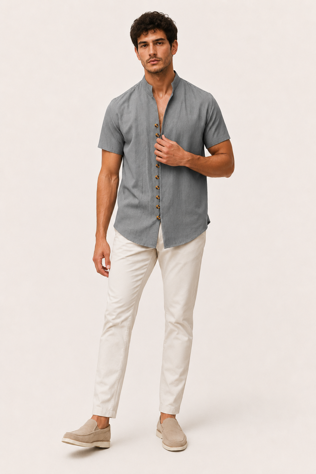 Chemise boutonnée à manches courtes pour hommes avec col mao - Lorenz