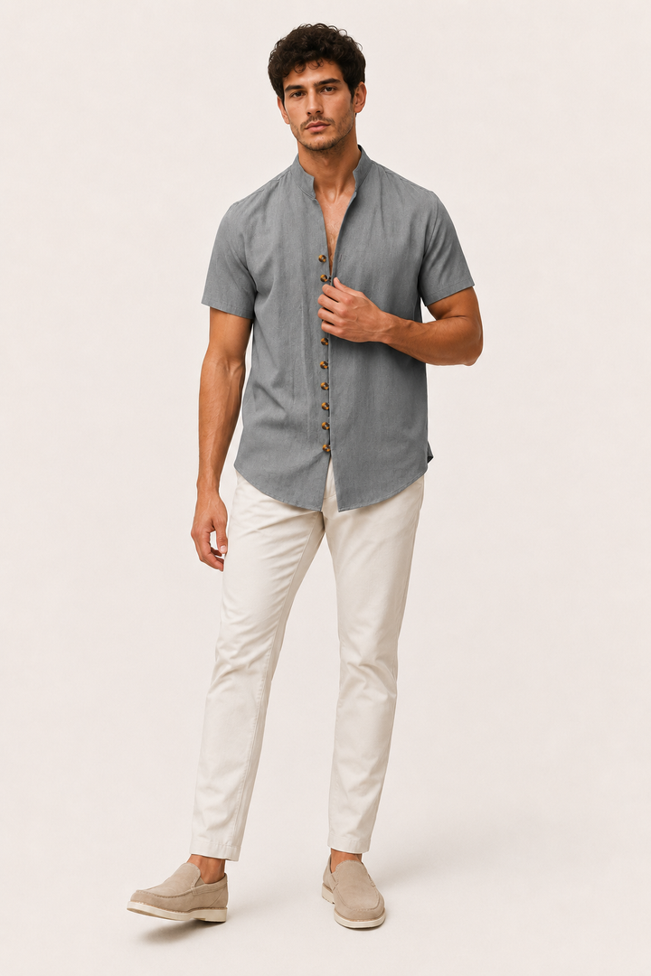 Chemise boutonnée à manches courtes pour hommes avec col mao - Lorenz