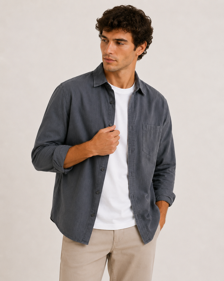 Chemise en lin hommes, manches longues, pochette - Emil
