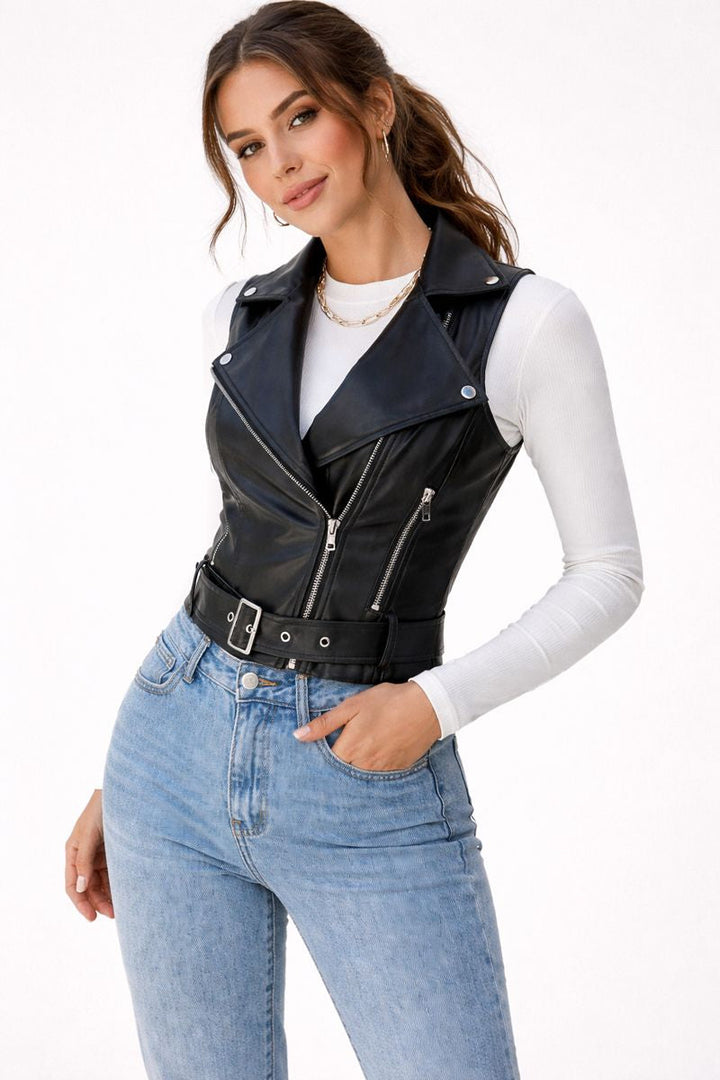 Gilet motard effet cuir pour femme avec ceinture - Elira