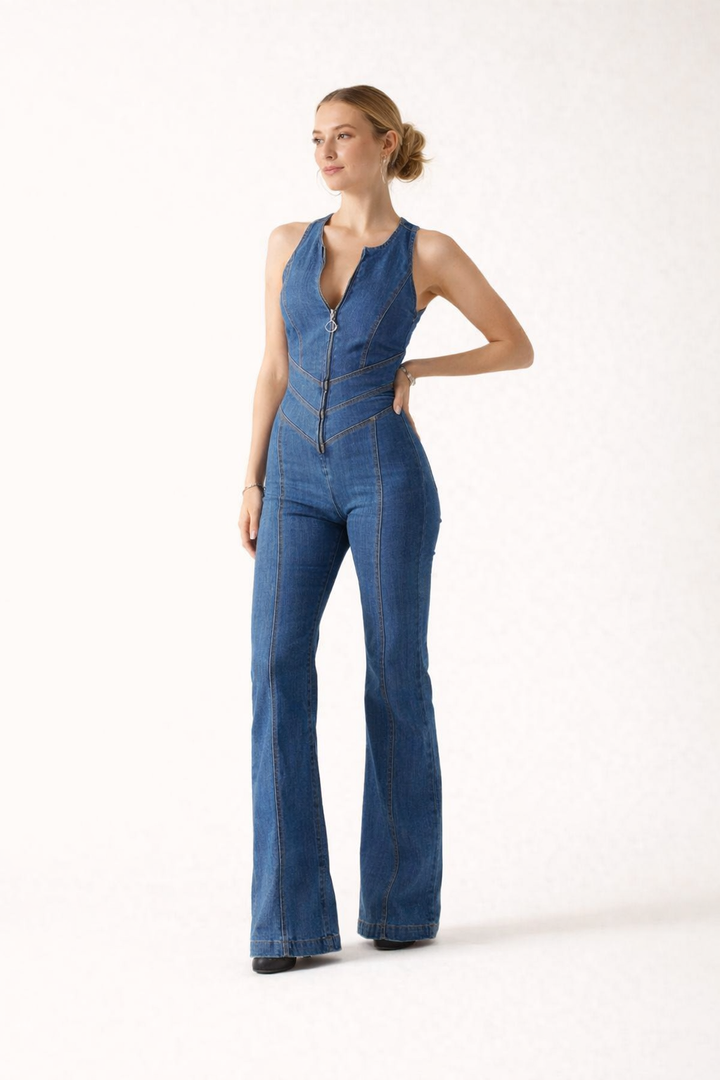 Combinaison décontractée en denim avec fermeture éclair pour femmes - Yselle