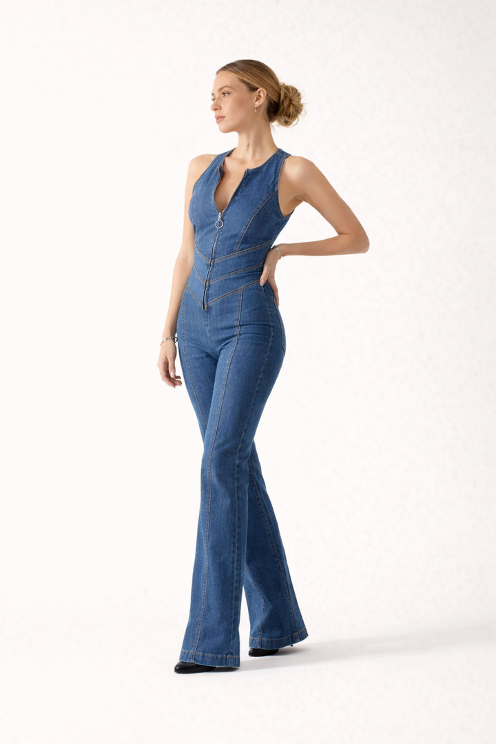 Combinaison décontractée en denim avec fermeture éclair pour femmes - Yselle
