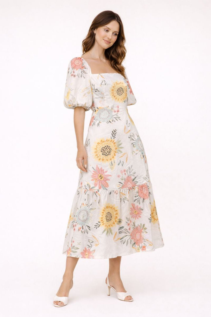 Robe midi à manches bouffantes et imprimé floral pour femme - Miry