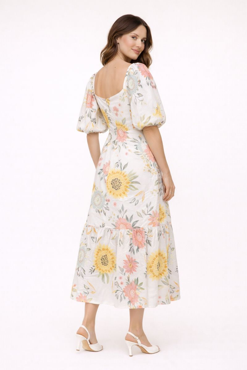 Robe midi à manches bouffantes et imprimé floral pour femme - Miry