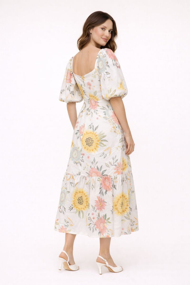 Robe midi à manches bouffantes et imprimé floral pour femme - Miry