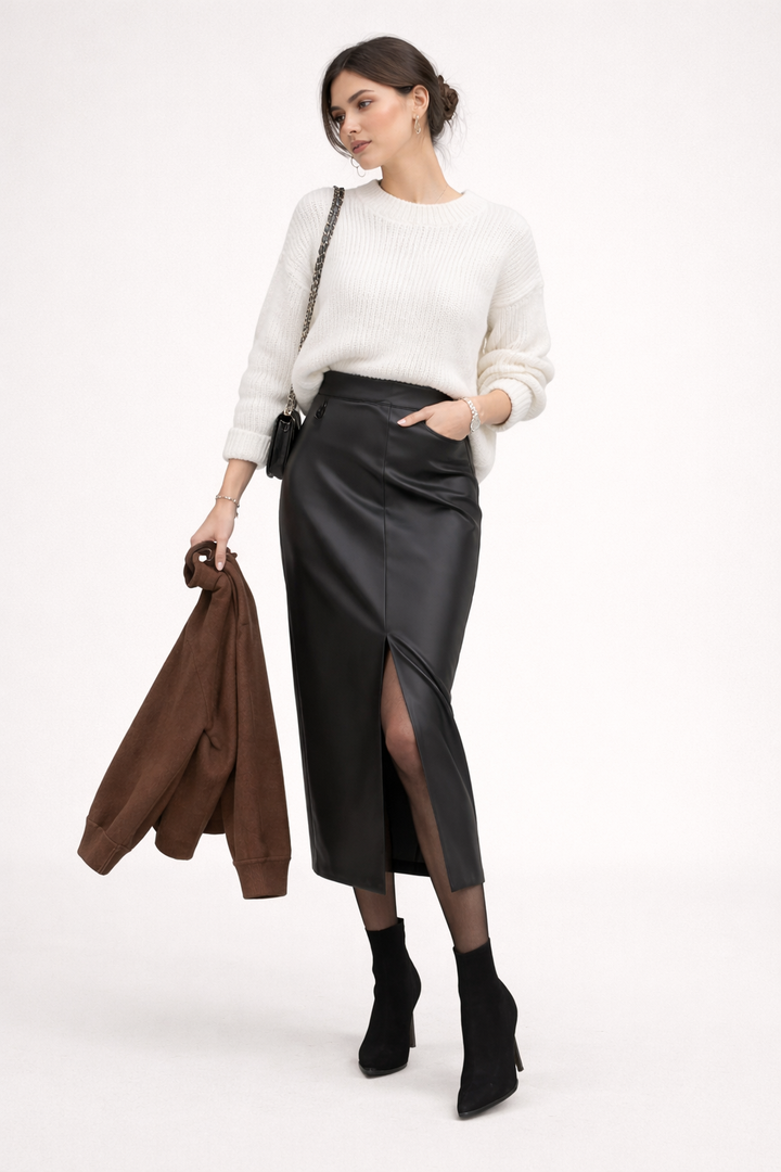 Jupe midi en cuir avec fente sur le devant pour femmes - Chiara