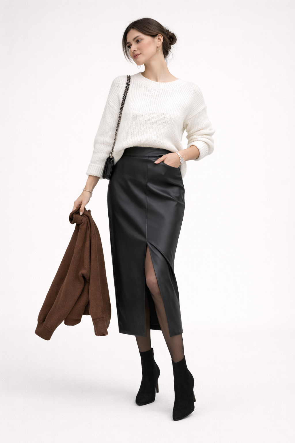 Jupe midi en cuir avec fente sur le devant pour femmes - Chiara