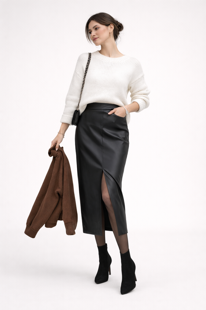Jupe midi en cuir avec fente sur le devant pour femmes - Chiara