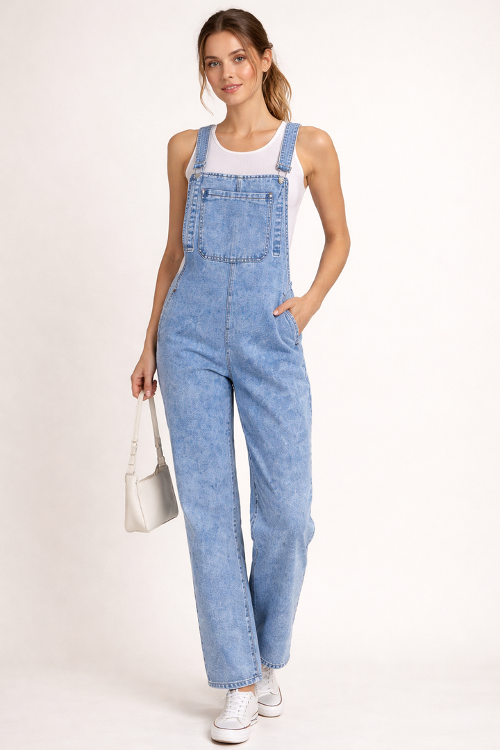Salopette en denim à coupe droite et à bretelles réglables pour femmes - Karolina