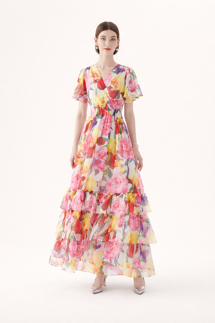 Robe longue à volants et imprimé floral pour femmes - Alessandra