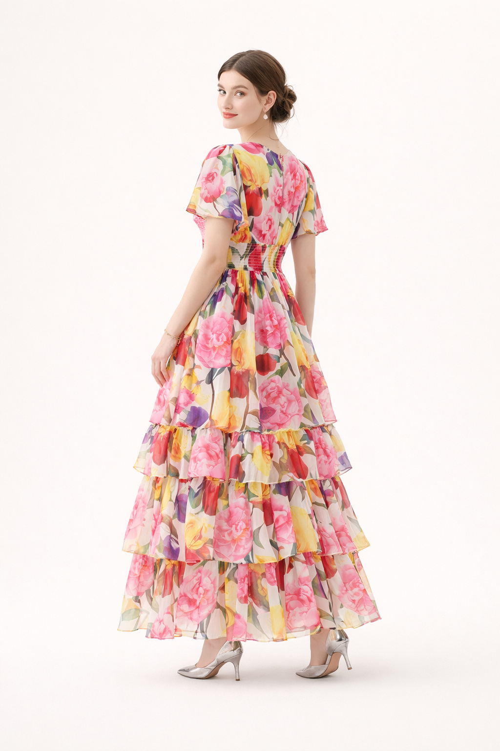 Robe longue à volants et imprimé floral pour femmes - Alessandra
