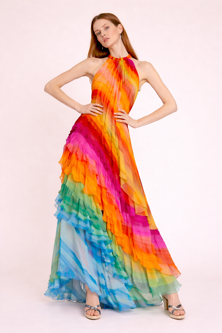 Robe longue multicolore pour femmes avec encolure licou - Kiana