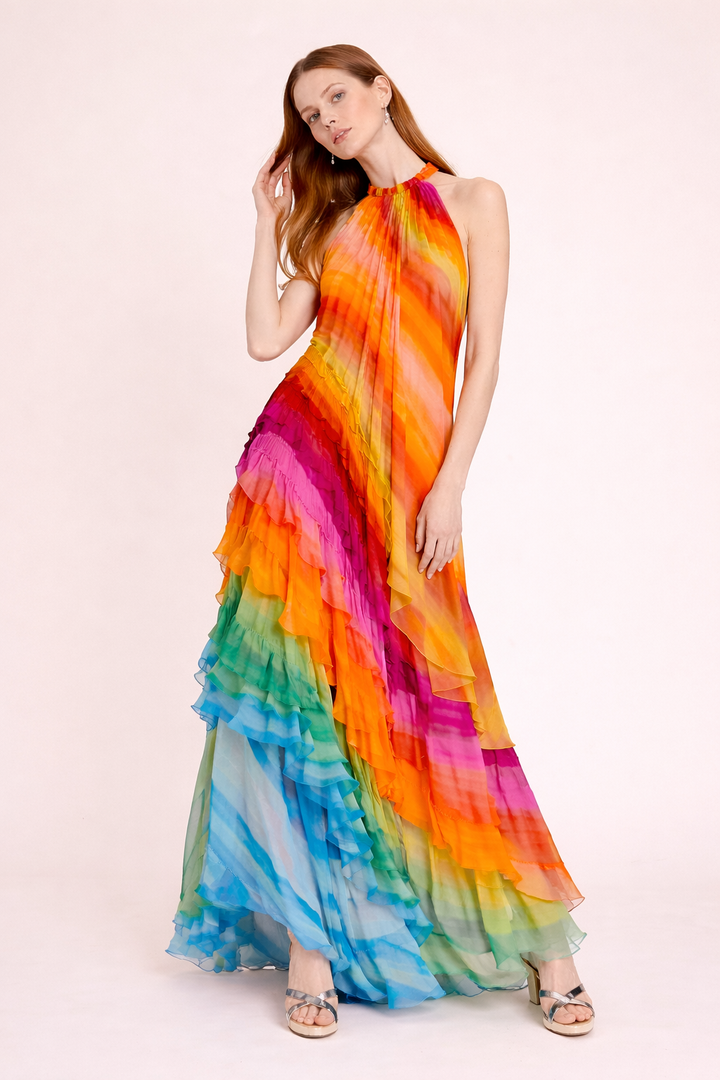 Robe longue multicolore pour femmes avec encolure licou - Kiana