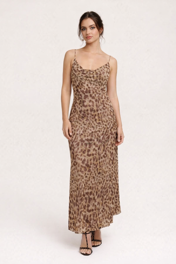 Robe longue à imprimé léopard pour femmes - Brunhilde