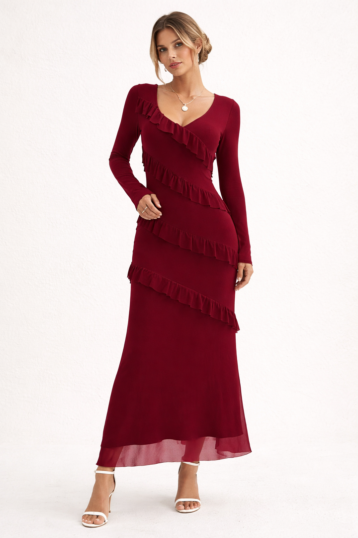Robe à manches longues à volants pour femmes, coupe ajustée - Victoria