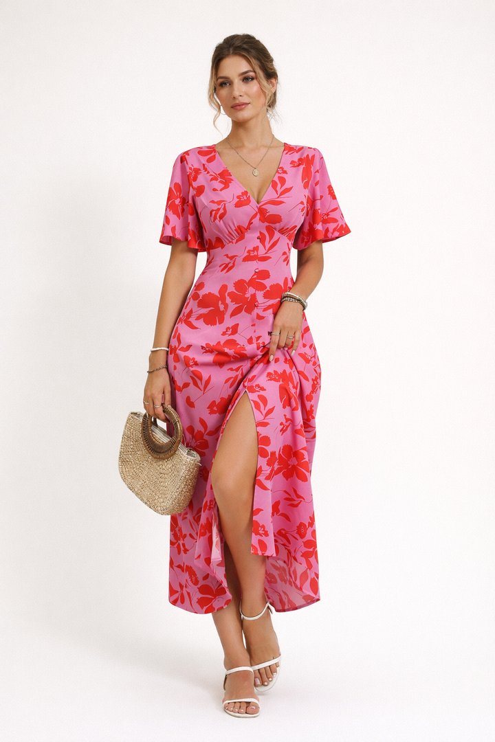 Robe midi à imprimé floral avec fente sur le devant pour femmes - Amalia