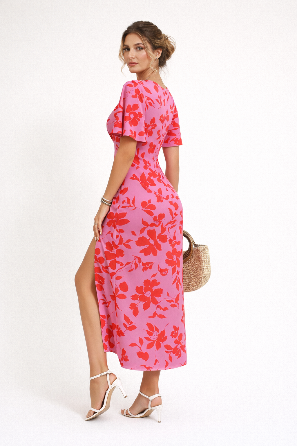 Robe midi à imprimé floral avec fente sur le devant pour femmes - Amalia
