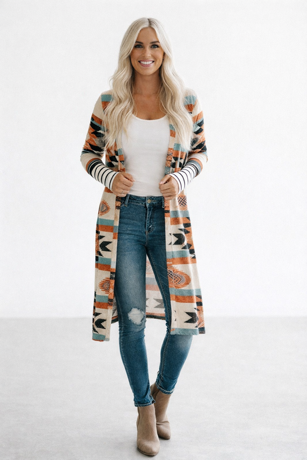 Long cardigan aux blocs géométriques multicolores - Laury