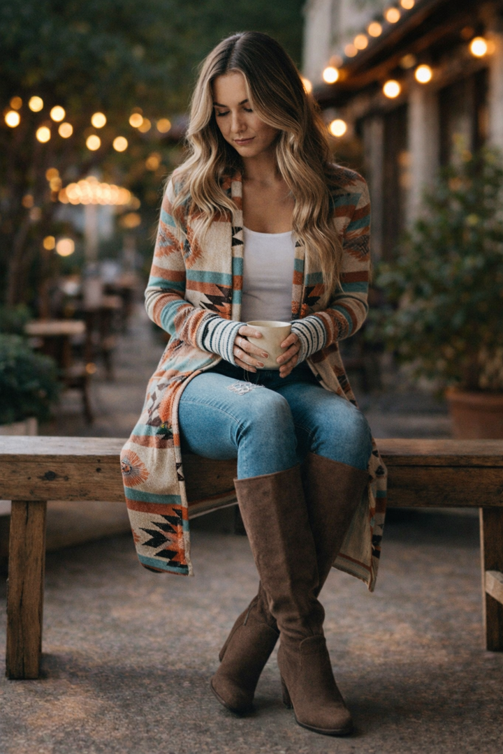 Long cardigan aux blocs géométriques multicolores - Laury