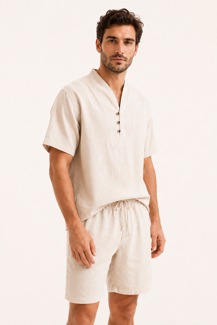 Ensemble homme en lin et coton avec col mao et short - Armin