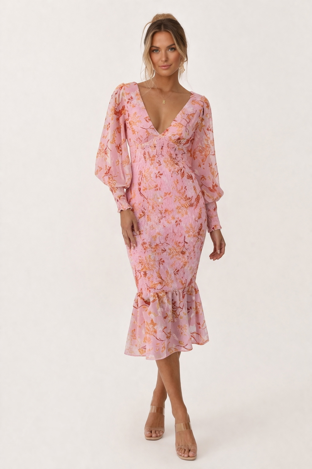 Robe midi ajustée à fleurs et décolleté en V pour femmes - Chiara