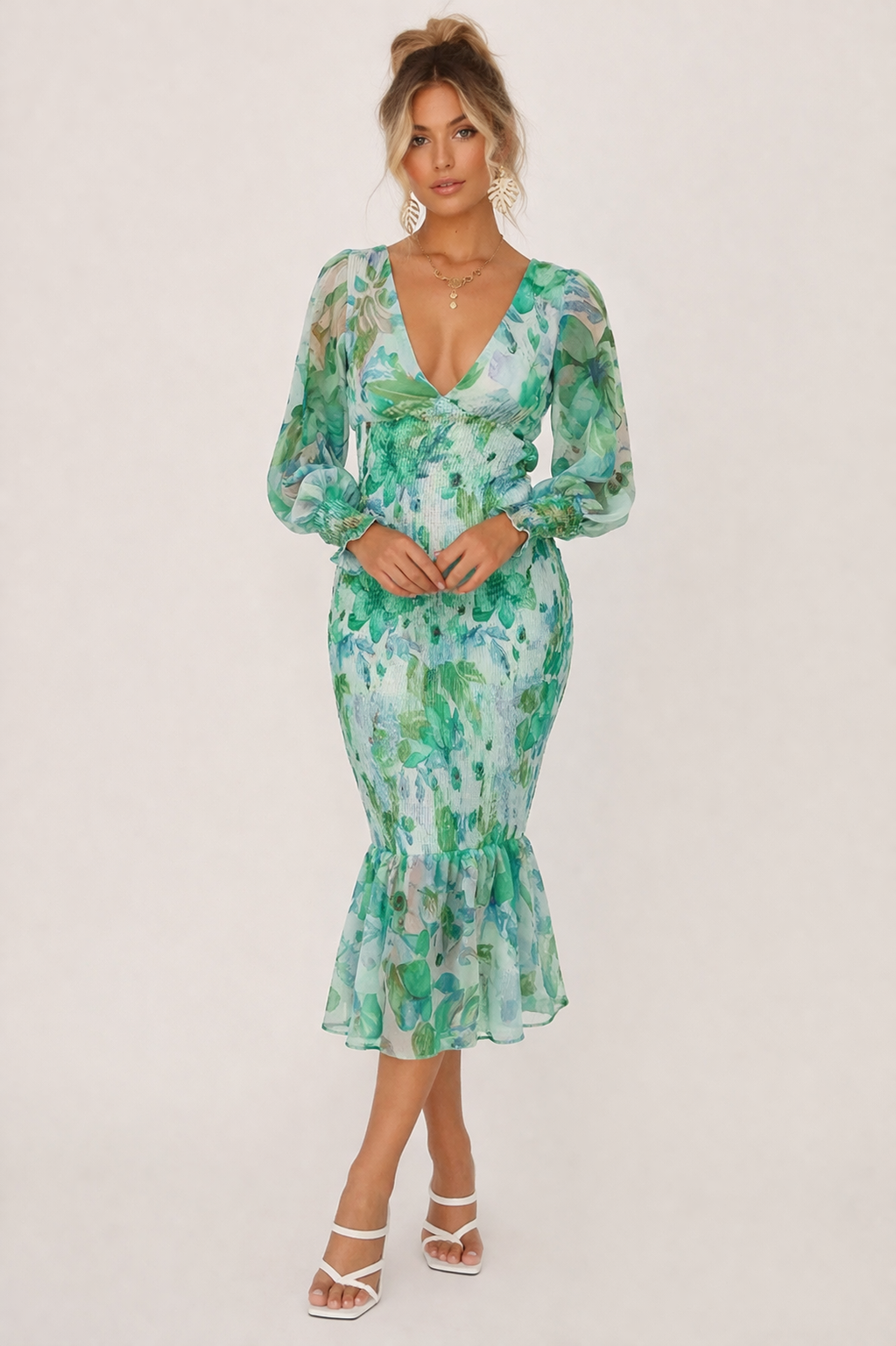 Robe midi ajustée à fleurs et décolleté en V pour femmes - Chiara