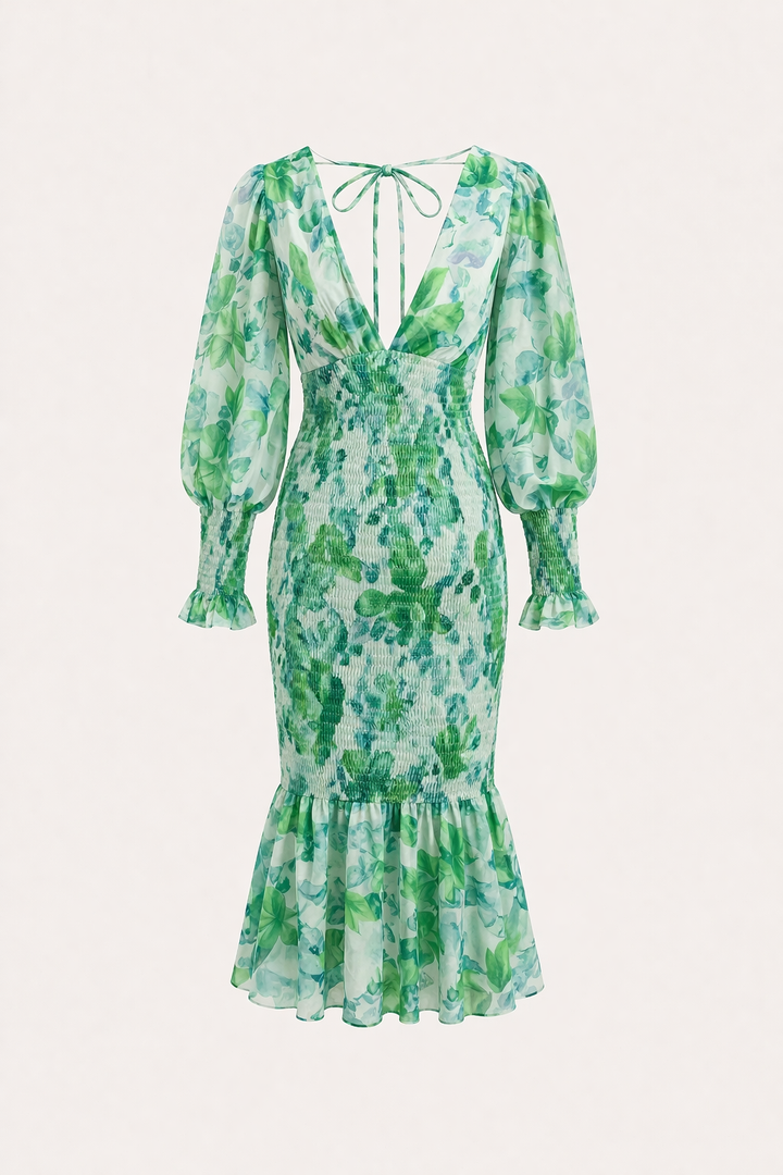 Robe midi ajustée à fleurs et décolleté en V pour femmes - Chiara