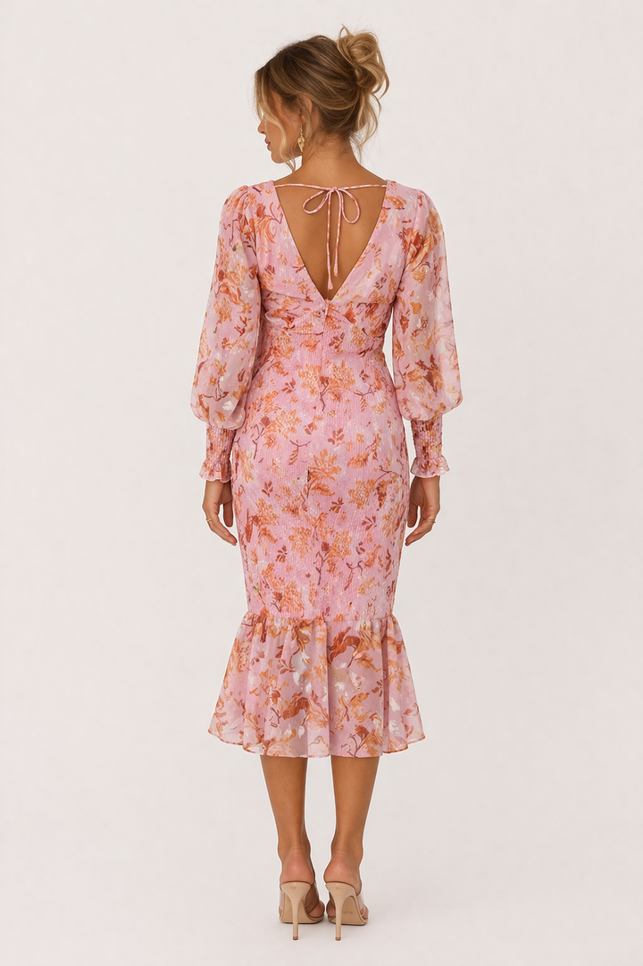 Robe midi ajustée à fleurs et décolleté en V pour femmes - Chiara
