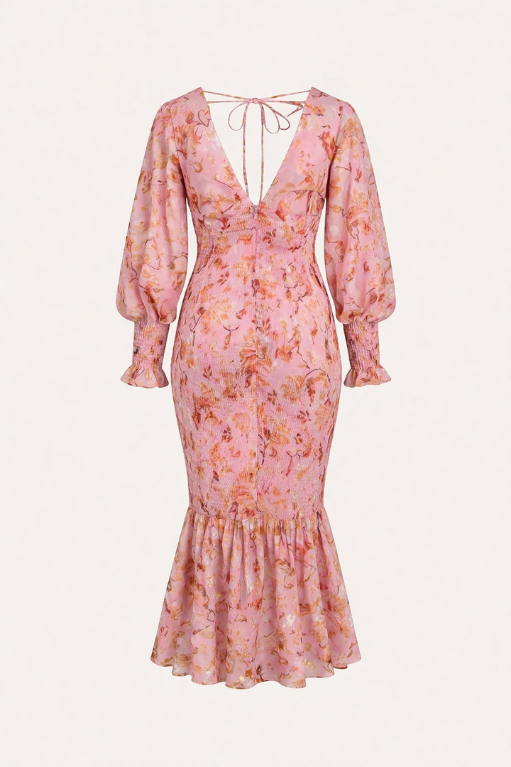Robe midi ajustée à fleurs et décolleté en V pour femmes - Chiara