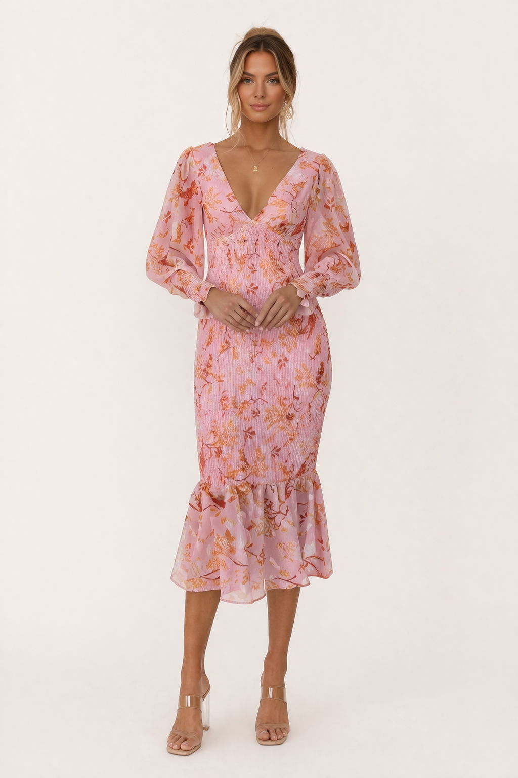 Robe midi ajustée à fleurs et décolleté en V pour femmes - Chiara