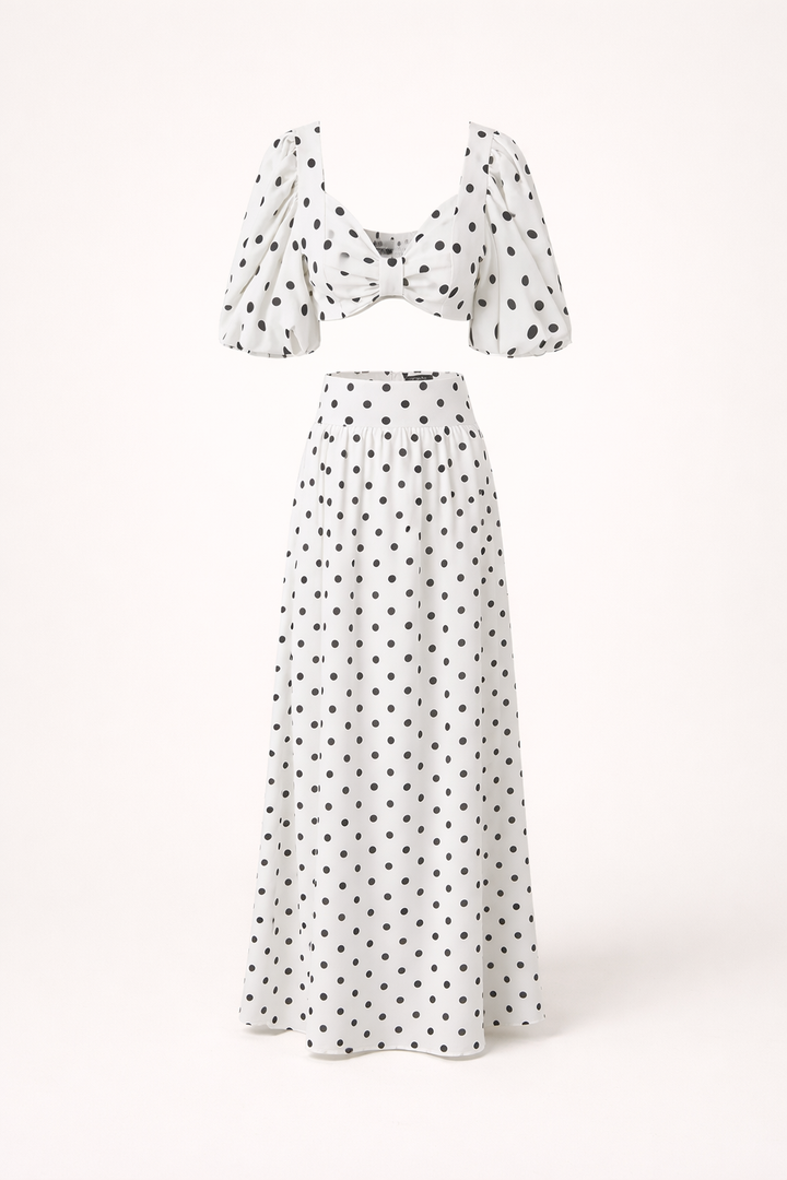 Ensemble top avec jupe maxi à manches bouffantes et imprimé à pois - Calista